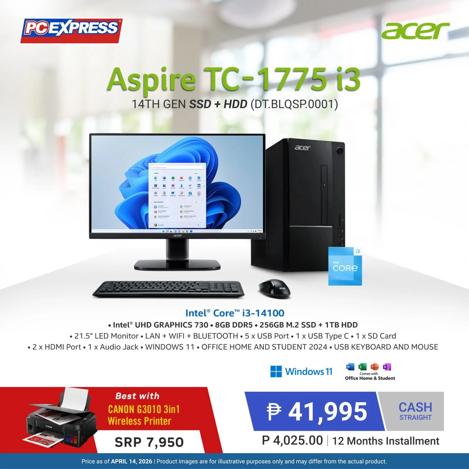 Acer Aspire TC-1775 Intel® Core™ i3 14th Gen SSD + HDD (DT.BLQSP.0001) Desktop Package