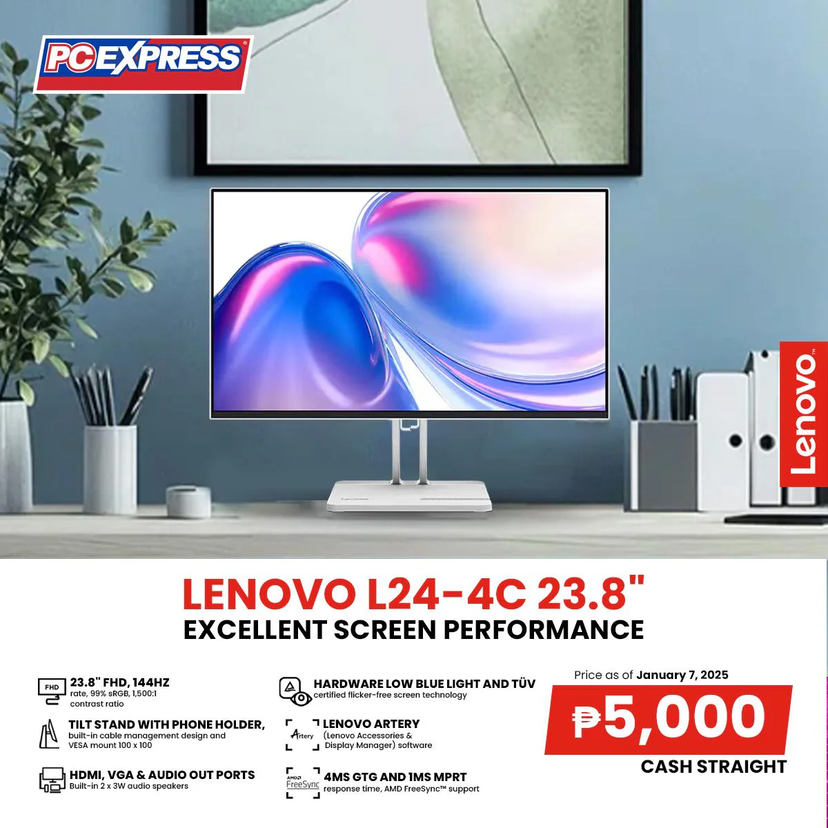 LENOVO 23.8" L24-4C (67DDKAC6PH) IPS Monitor
